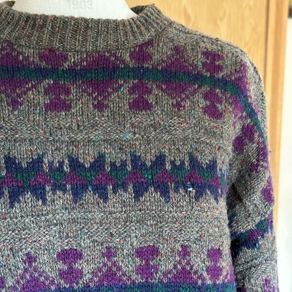 Vintage 90s Wool Oversized Grandpa Men's Sweater with Gray Purple Pattern A1 - Picture 6 of 10